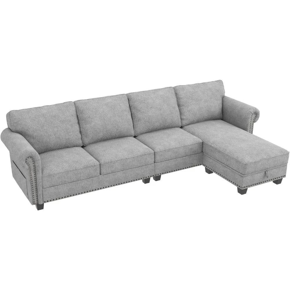 Living Room Sofa, L Shaped Velvet Sectional Couch with Reversible Chaise, Convertible 4 Seat Couch for Small Space, Dark Blue