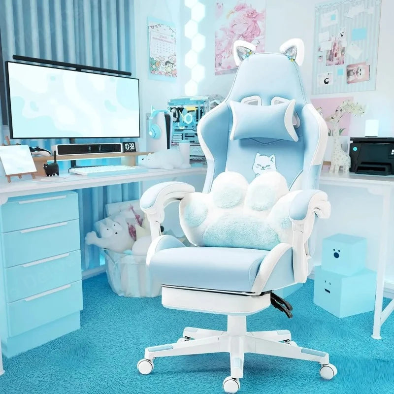 Pink Gaming Chair With Cat Paw Lumbar Cushion and Cat Ears Computer Armchair Reclining PC Game Chair for Girl Kids Teen Gamer