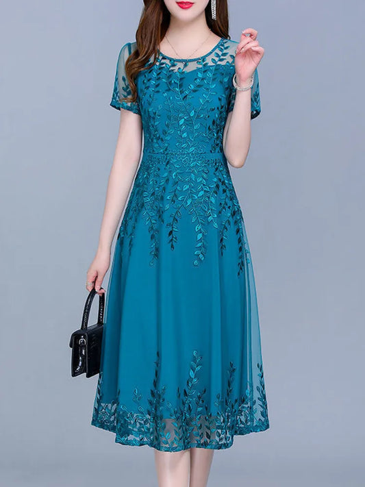 Blue Casual Chiffon Mesh Korean Long Dress Summer Tunics Midi Fashion Elegant Prom Evening women Dresse Short Sleeve