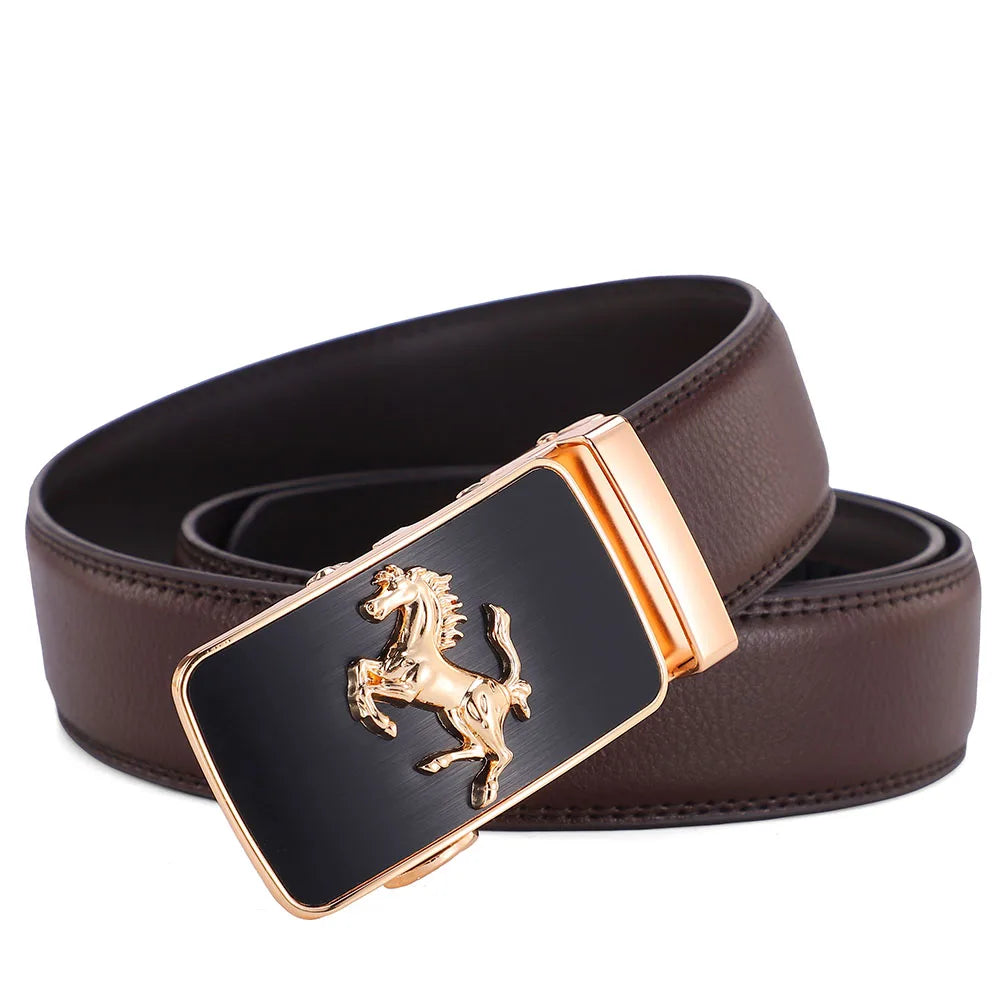 Men Genuine Leather Belts Brand Luxury Horse High Quality Business Work Automatic Buckle Belts for Men Gold Silver Male Belt Men