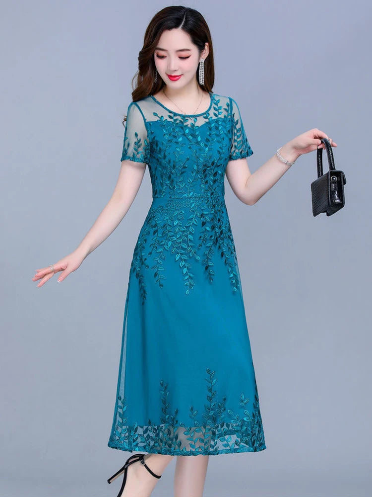 Blue Casual Chiffon Mesh Korean Long Dress Summer Tunics Midi Fashion Elegant Prom Evening women Dresse Short Sleeve