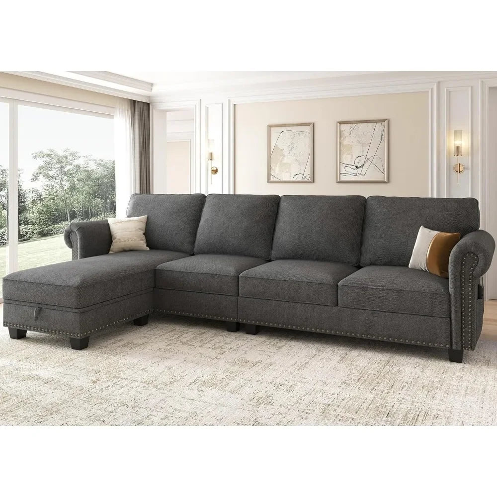 Living Room Sofa, L Shaped Velvet Sectional Couch with Reversible Chaise, Convertible 4 Seat Couch for Small Space, Dark Blue