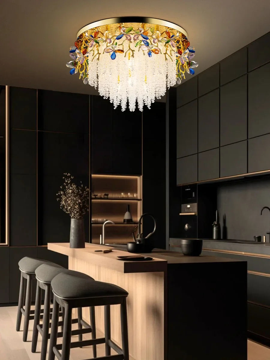 Round Gold K9 Crystal Ceiling Chandelier For Bedroom Living Dining Room Kitchen Table Modern Crystal Branch Pendant Chandelier