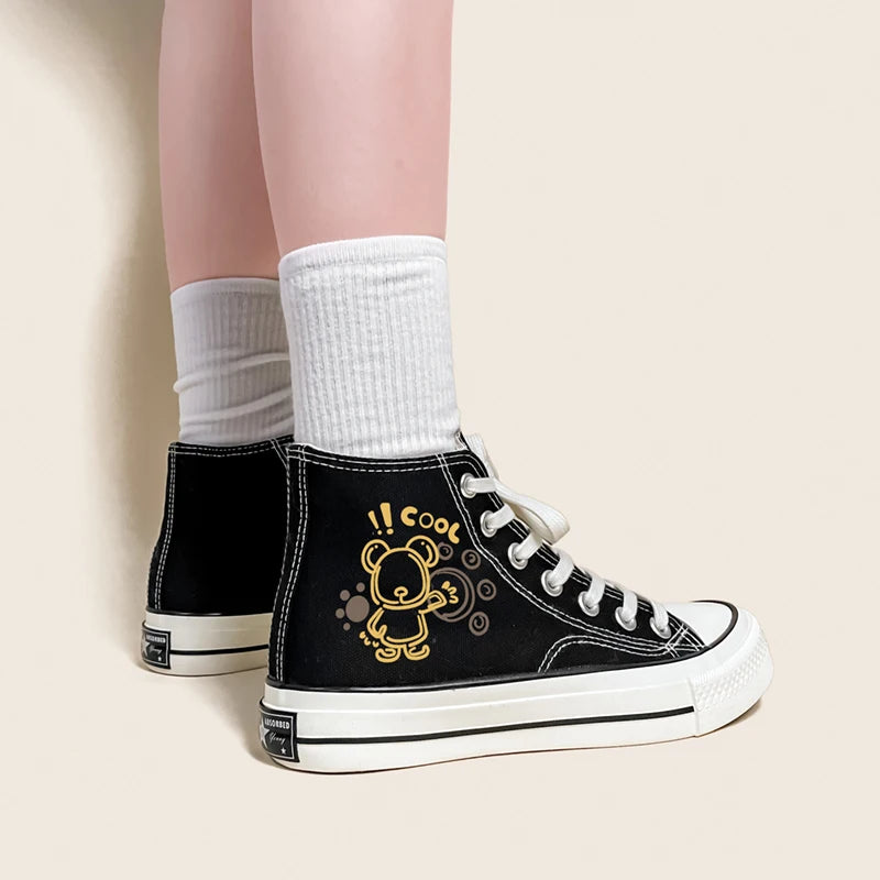 Amy and Michael Cute Anime Bear Graffiti Canvas Shoes High Top Casual Black Sneakers for Girls Students Woman Vulcanize Shoes