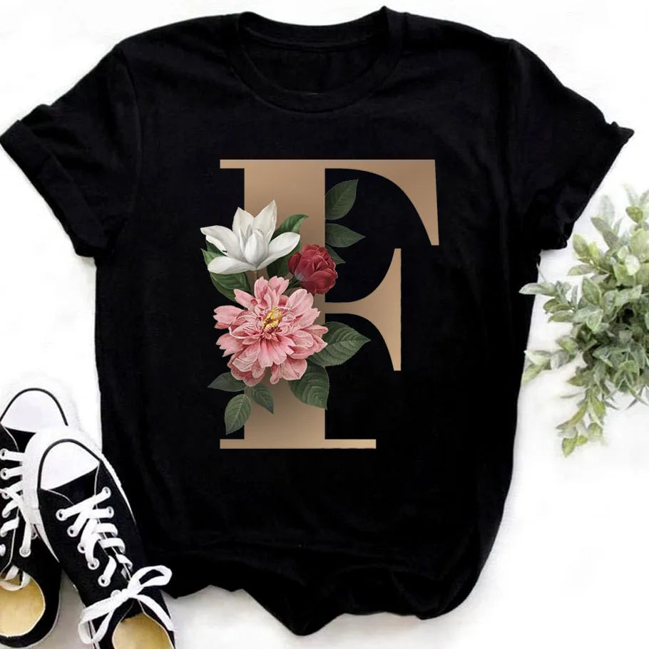 26 Letters Flower Harajuku print ladies T-shirtFashion Golden 2 casual basics O-collar Black shirt short sleeve ladies T-shirts