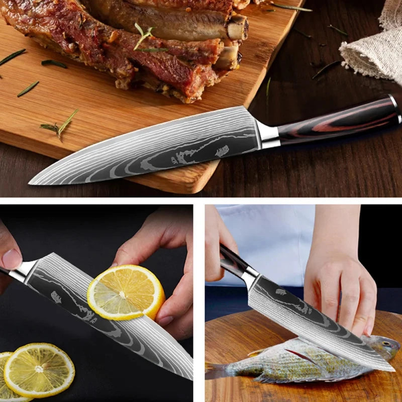 PLYS 3/5/7pcs  Damascus Laser Pattern Chef's Knife Fruit Knife Stainless Steel Knife Set Japanese Santoku Knife Chef's Knife