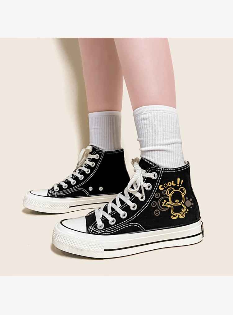 Amy and Michael Cute Anime Bear Graffiti Canvas Shoes High Top Casual Black Sneakers for Girls Students Woman Vulcanize Shoes