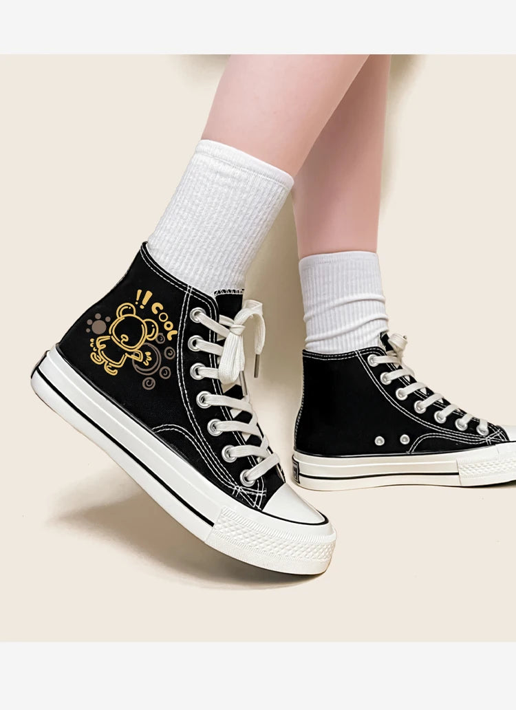 Amy and Michael Cute Anime Bear Graffiti Canvas Shoes High Top Casual Black Sneakers for Girls Students Woman Vulcanize Shoes