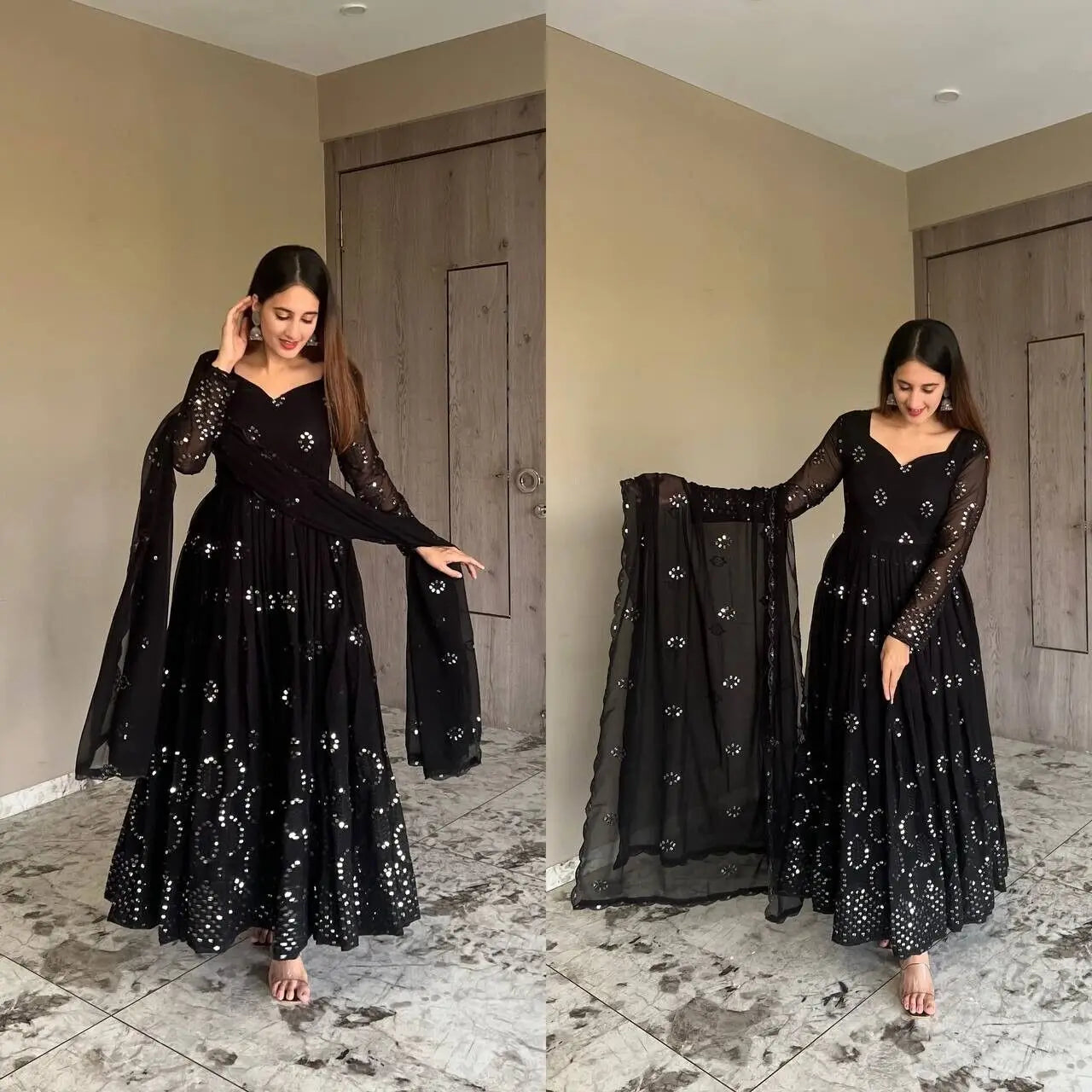 Black Salwar Kameez Heart-shaped Collar Elegant Long Sleeved Sequin Decoration Indian Traditional Clothing Three Piece Set