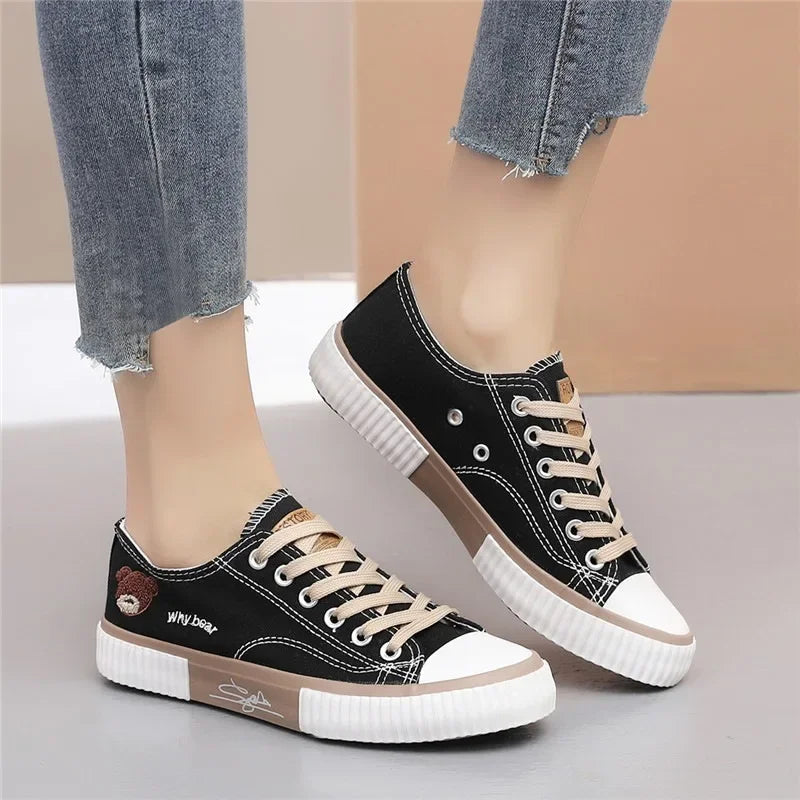 2024 New Summer Bear Canvas Shoes Women Korean Breathable Casual Sport  Fashion Lace Up Flat Tennis Sneakers Female Vulcanized