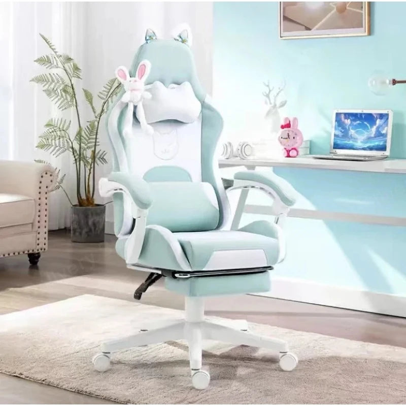 Pink Gaming Chair With Cat Paw Lumbar Cushion and Cat Ears Computer Armchair Reclining PC Game Chair for Girl Kids Teen Gamer