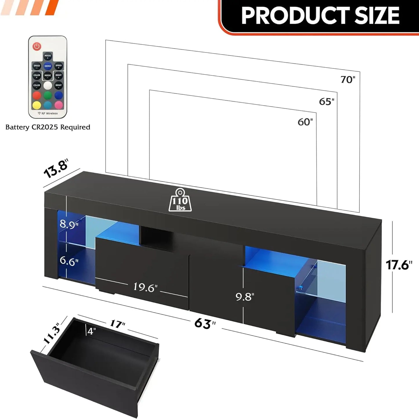 63-inch TV stand, LED entertainment center with 60 to 70-inch TV, modern living room TV stand with 2 drawers, black