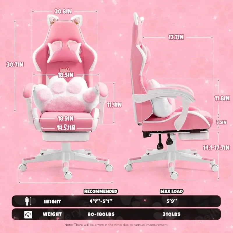 Pink Gaming Chair With Cat Paw Lumbar Cushion and Cat Ears Computer Armchair Reclining PC Game Chair for Girl Kids Teen Gamer