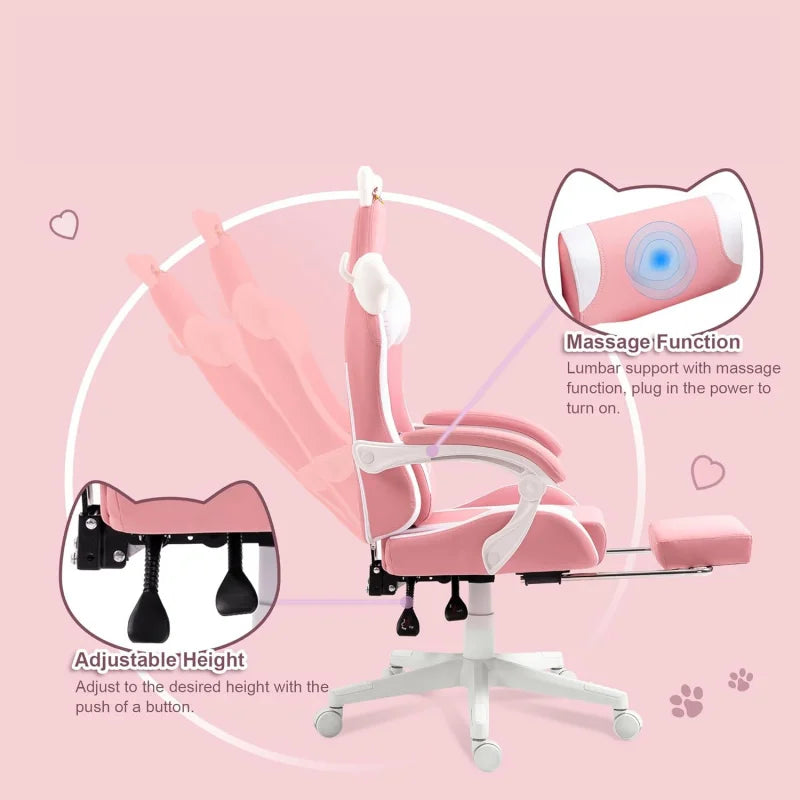 Ergonomic Computer Chair for Girl with Footrest and Headrest, Comfortable Reclining Game Chair 290lbs for Adult, Teen, Pink