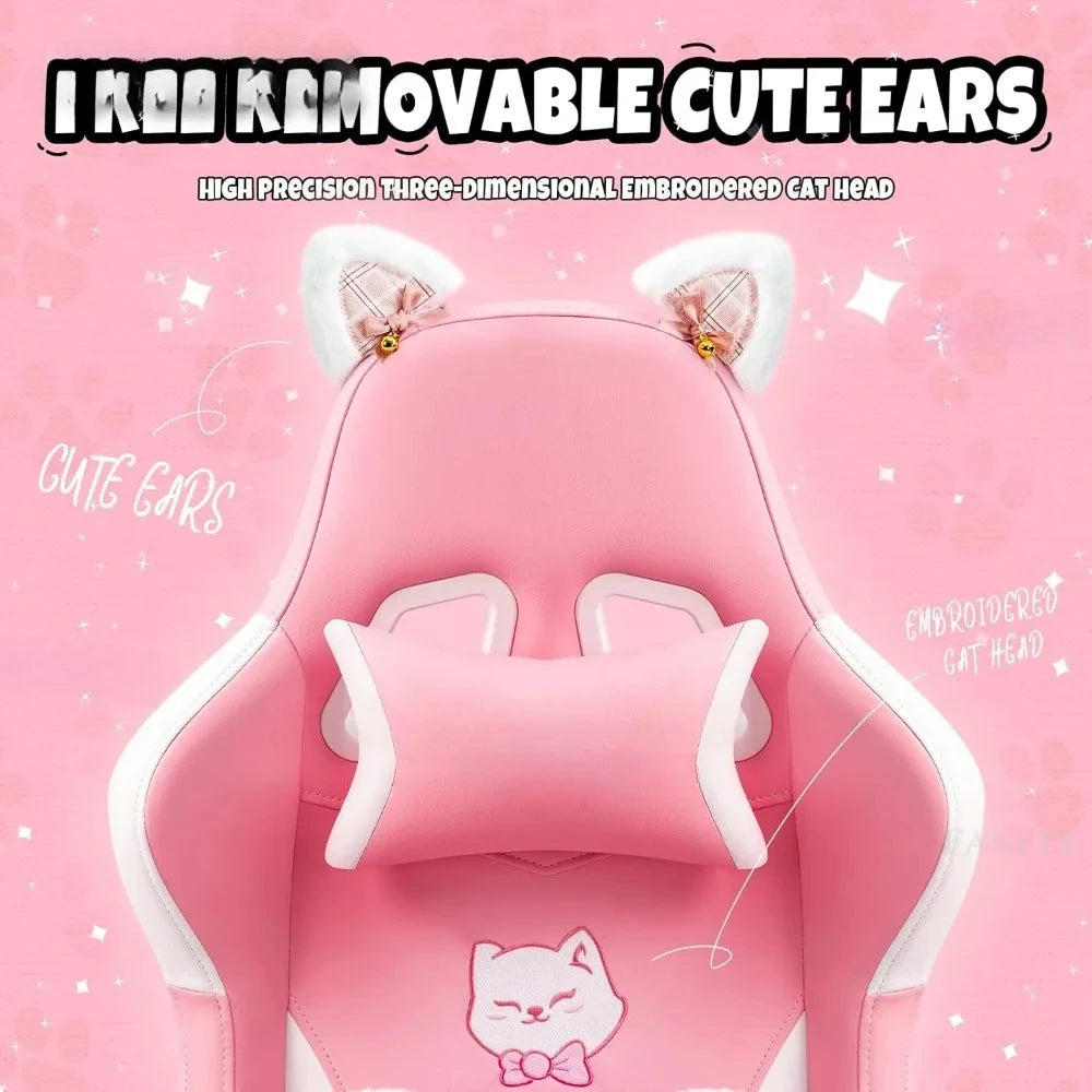 Pink Gaming Chair With Cat Paw Lumbar Cushion and Cat Ears Computer Armchair Reclining PC Game Chair for Girl Kids Teen Gamer