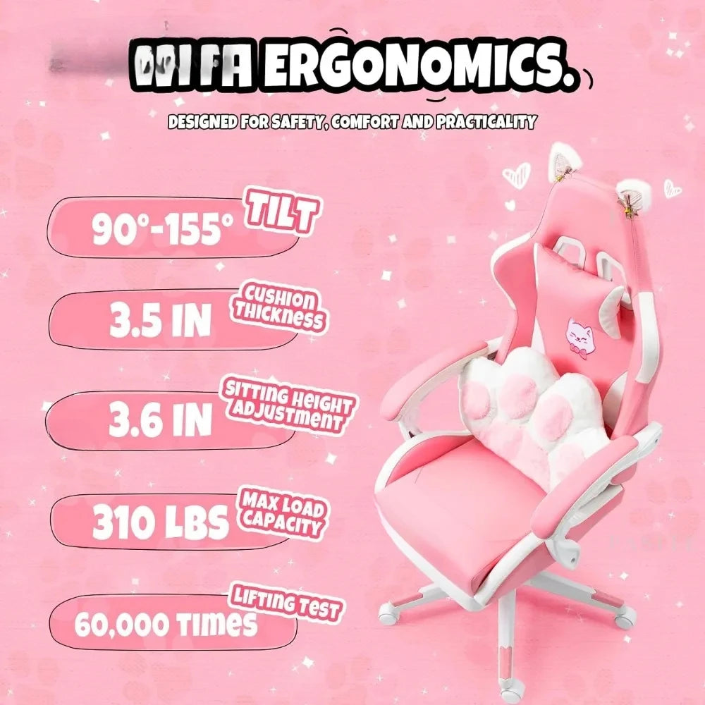 Pink Gaming Chair With Cat Paw Lumbar Cushion and Cat Ears Computer Armchair Reclining PC Game Chair for Girl Kids Teen Gamer