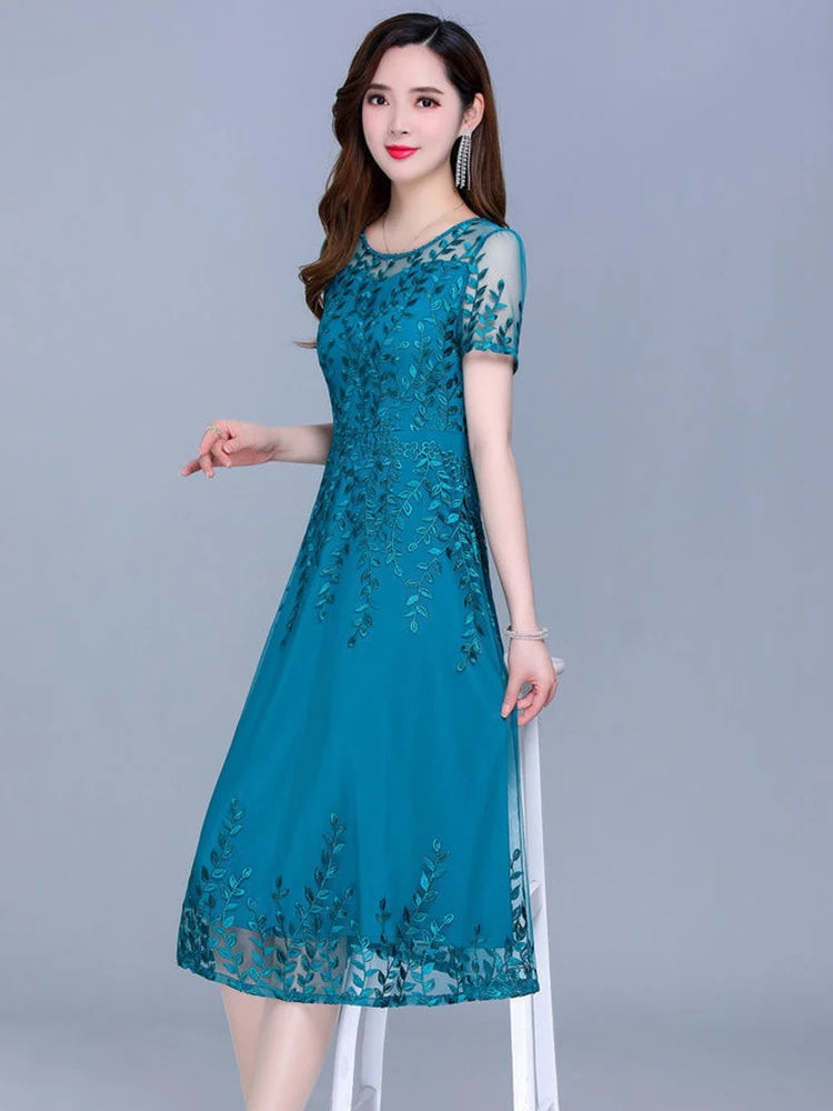 Blue Casual Chiffon Mesh Korean Long Dress Summer Tunics Midi Fashion Elegant Prom Evening women Dresse Short Sleeve